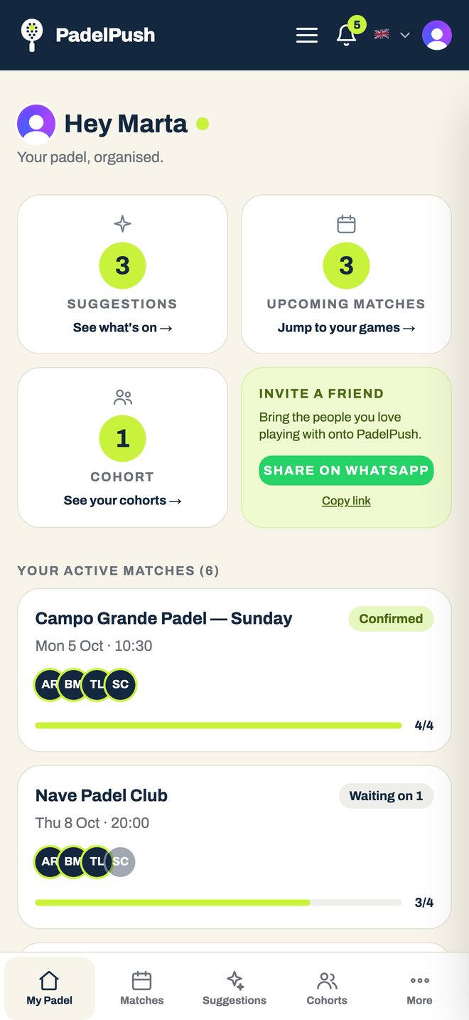 PadelPush on a phone, showing upcoming matches and who has confirmed