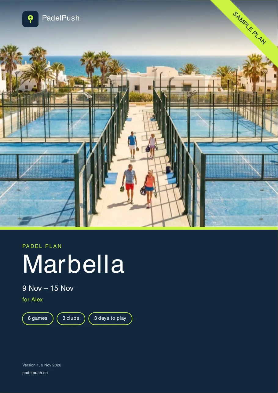 Sample PadelPush plan for Marbella, cover page: 9 to 15 November, 6 games at 3 clubs over 3 days.