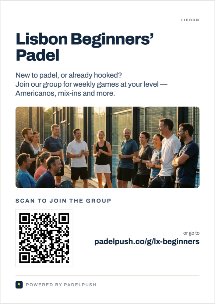 An A4 poster for a beginners' padel group: headline, a short line, a photo of players and a QR code to join.