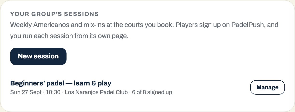 The cohort's Sessions tab: a beginners' session on Sunday at 10:30, 6 of 8 signed up, with a Manage button.