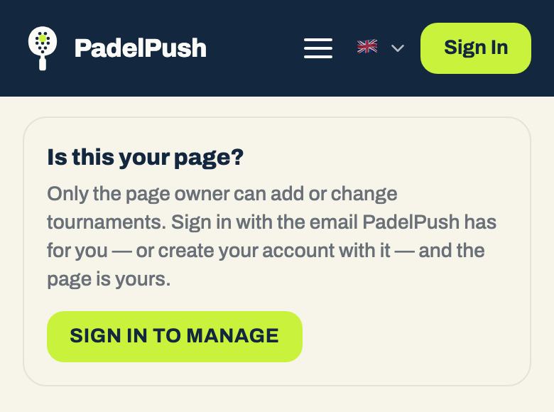 The promoter page on a phone, with the “Is this your page?” card and a “Sign in to manage” button