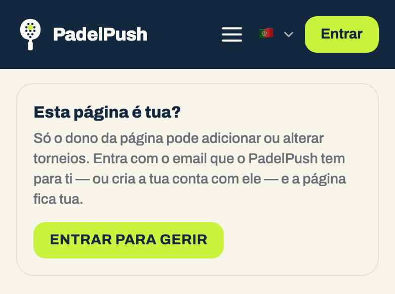 A página do organizador num telemóvel, com o cartão «Esta página é tua?» e o botão «Entrar para gerir»