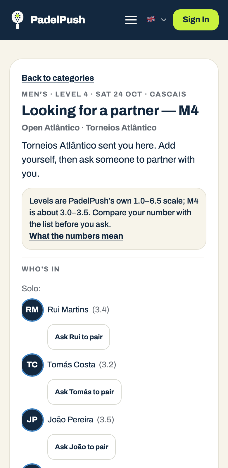 One category on a phone: the list of players looking for a partner, with their levels