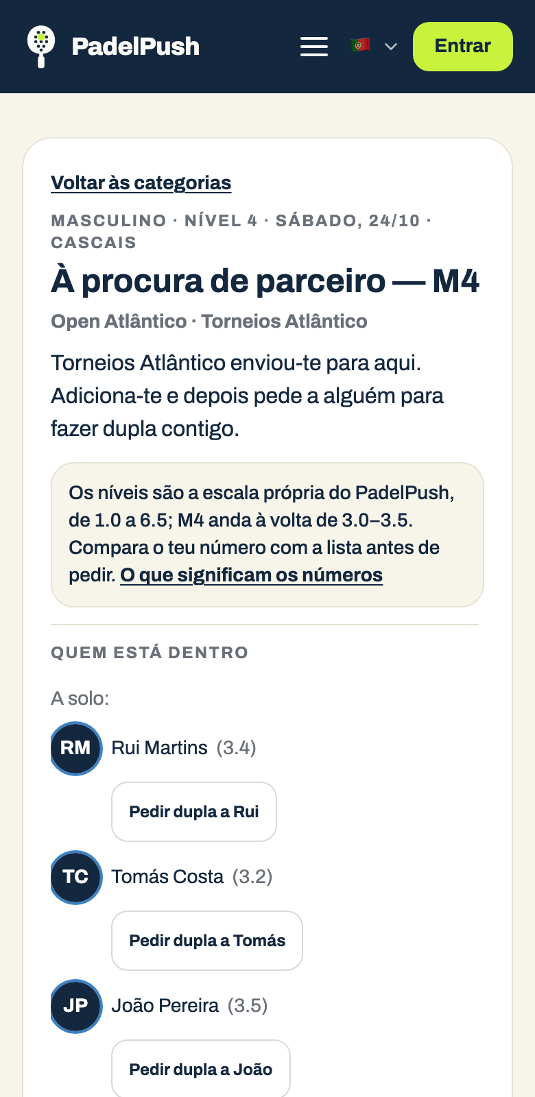 Uma categoria num telemóvel: a lista de jogadores à procura de parceiro, com o nível