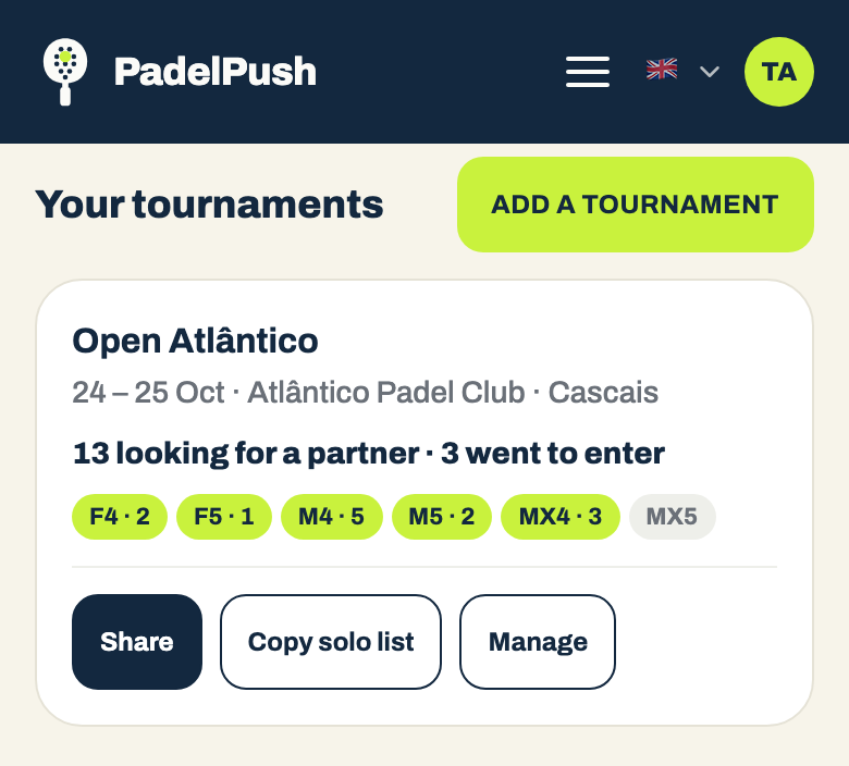 A tournament card on the promoter page, with its numbers and players per category