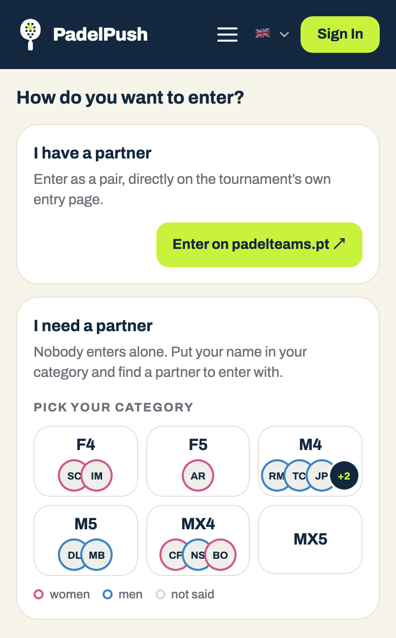 The tournament link on a phone: the category grid, with the faces of players looking for a partner in each