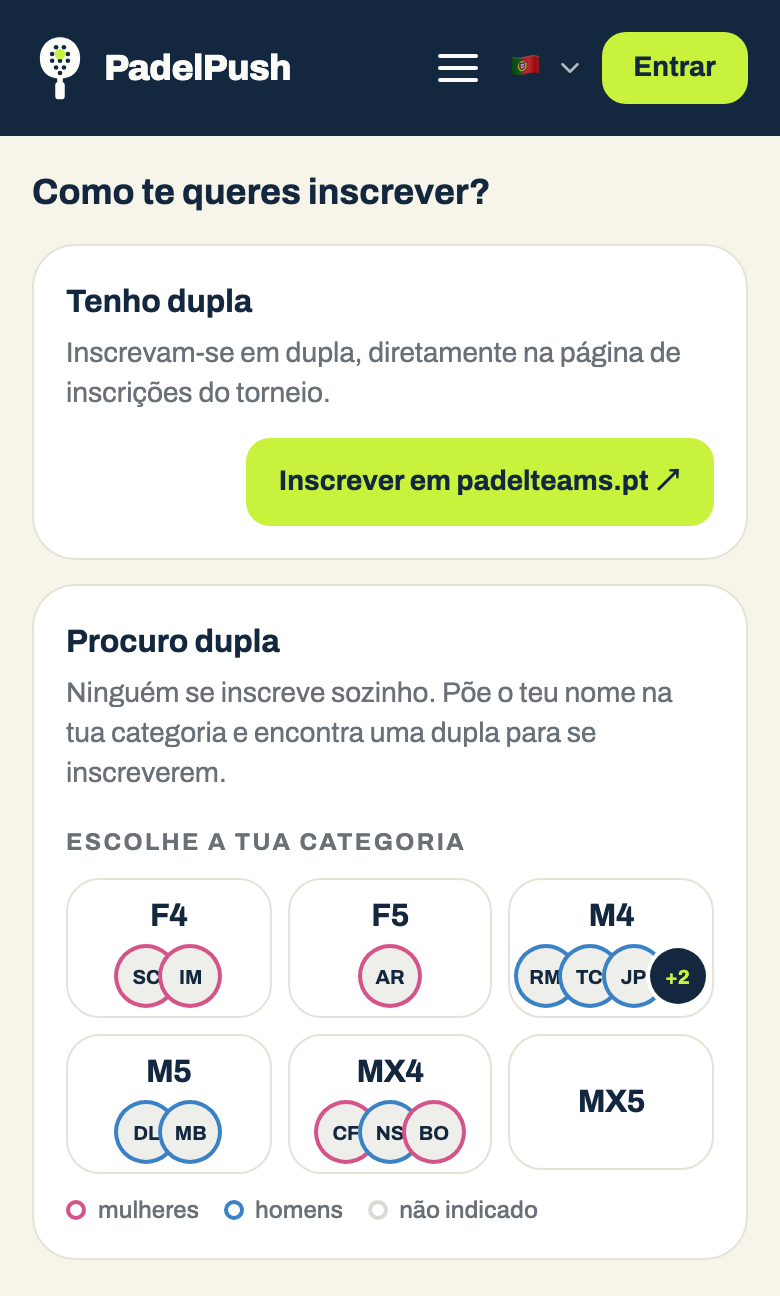 O link do torneio num telemóvel: a grelha das categorias, com as caras de quem procura parceiro em cada uma