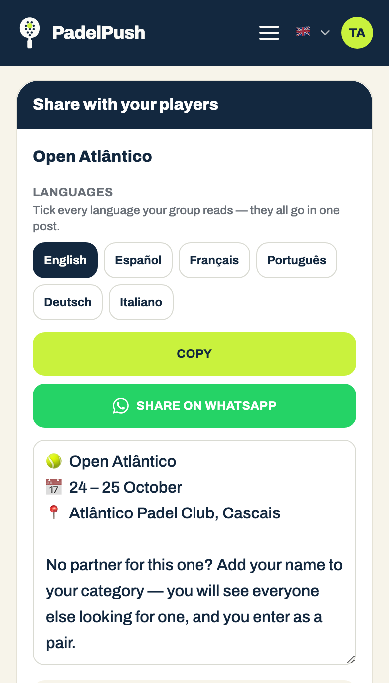 The “Share with your players” tile on a phone: the tournament, the language buttons and the post text
