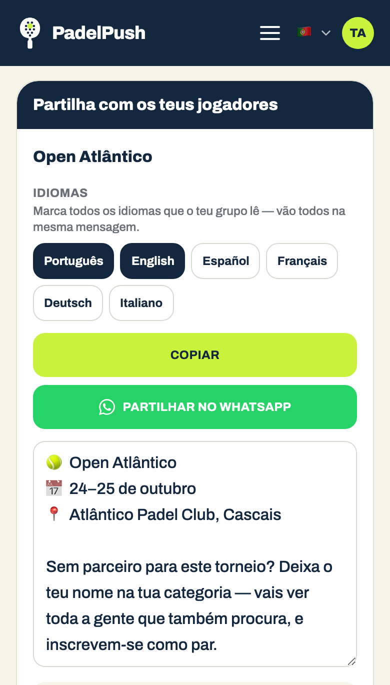 O quadro «Partilha com os teus jogadores» num telemóvel: o torneio, os botões de língua e o texto da mensagem